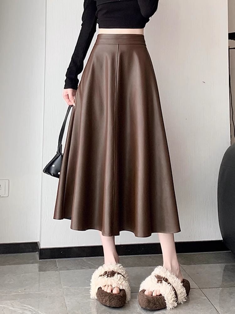 Faux Leather Midi Skirt - High Waist