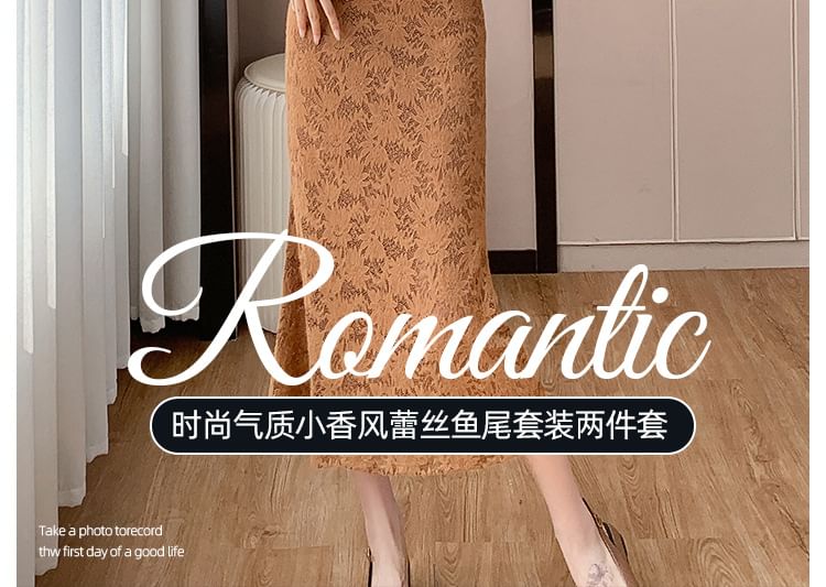 Elegant V-Neck Lace Ensemble with Fitted Midi Skirt