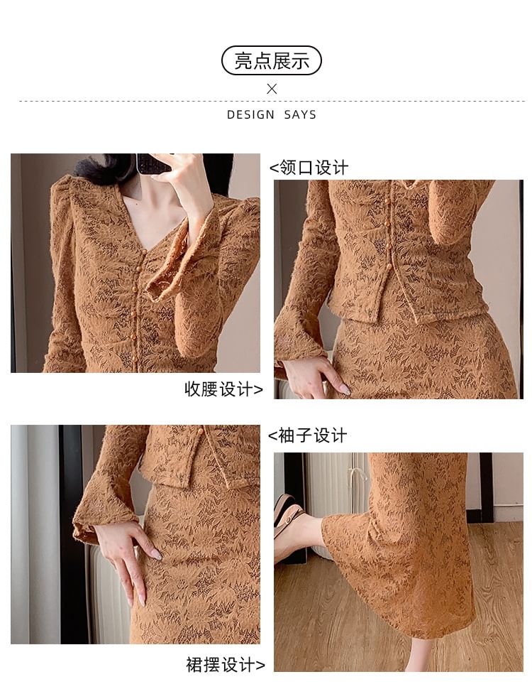 Elegant V-Neck Lace Ensemble with Fitted Midi Skirt