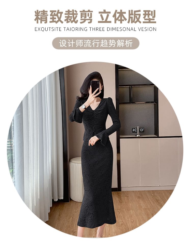 Elegant V-Neck Lace Ensemble with Fitted Midi Skirt