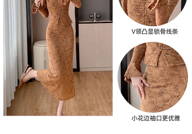 Elegant V-Neck Lace Ensemble with Fitted Midi Skirt