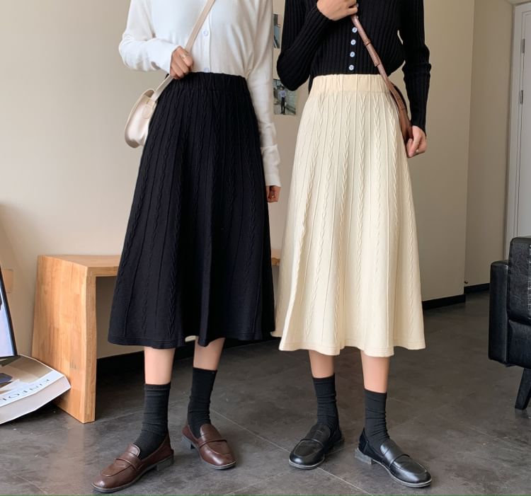Knit A-Line Midi Skirt - High Waist