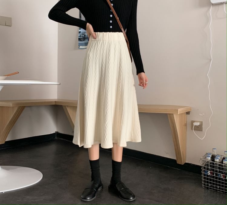 Knit A-Line Midi Skirt - High Waist