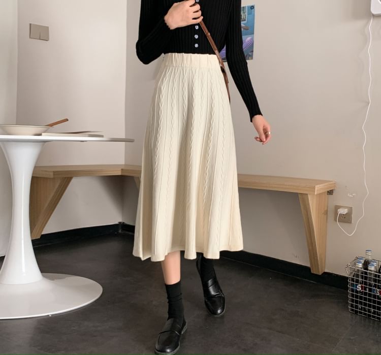 Knit A-Line Midi Skirt - High Waist