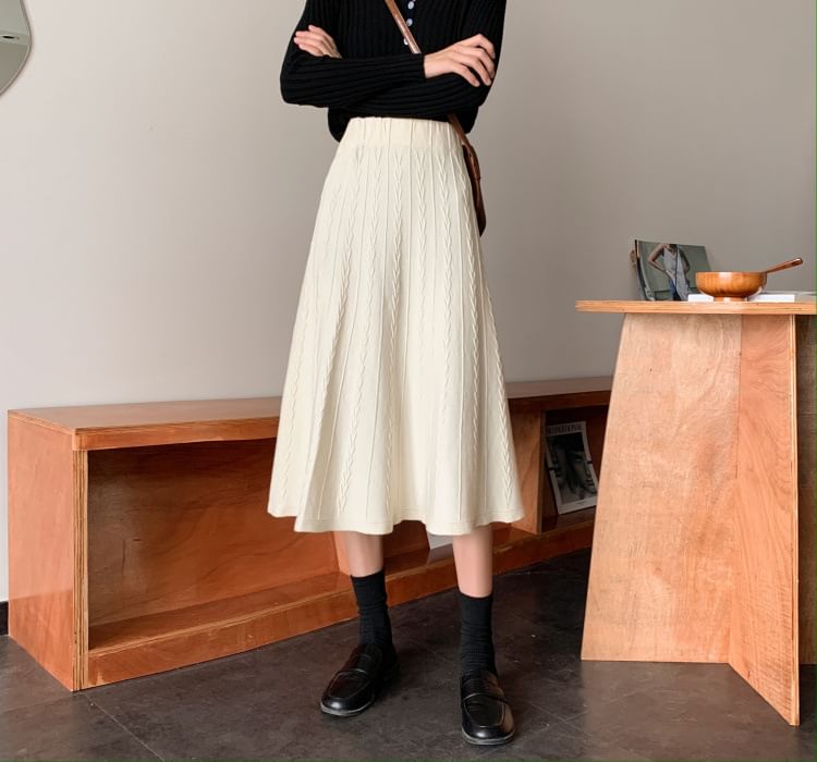 Knit A-Line Midi Skirt - High Waist