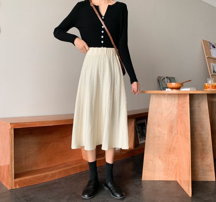 Knit A-Line Midi Skirt - High Waist