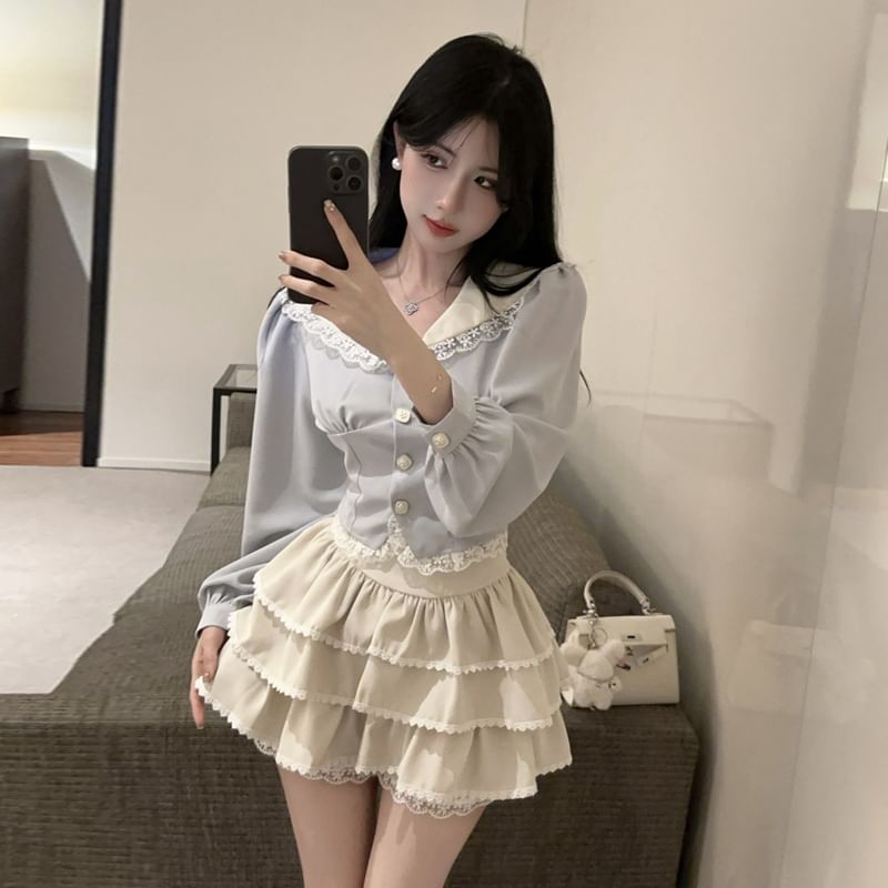 Contrast Collar Blouse with Lace Trim and Tiered Skirt
