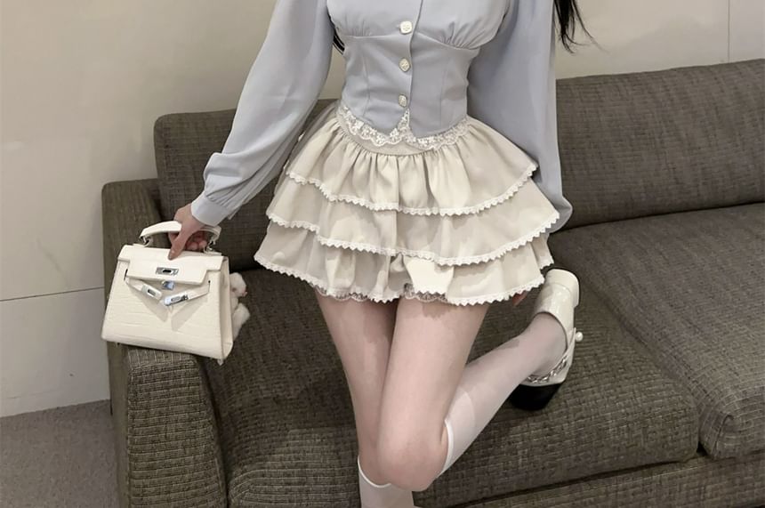 Contrast Collar Blouse with Lace Trim and Tiered Skirt
