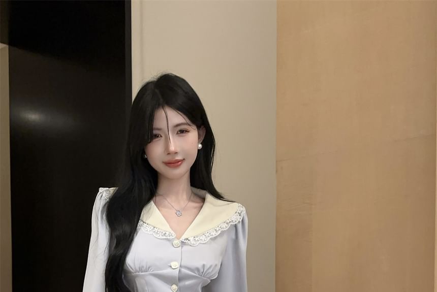 Contrast Collar Blouse with Lace Trim and Tiered Skirt