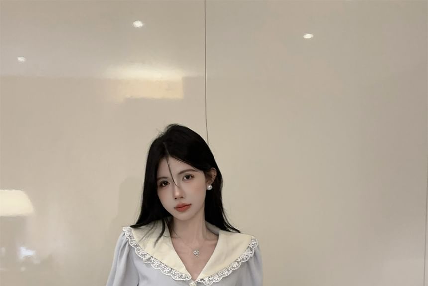 Contrast Collar Blouse with Lace Trim and Tiered Skirt