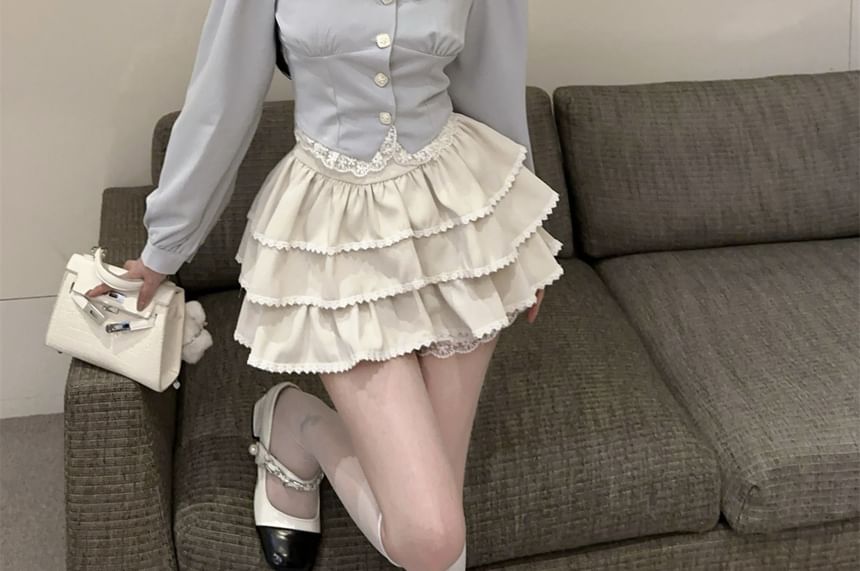 Contrast Collar Blouse with Lace Trim and Tiered Skirt