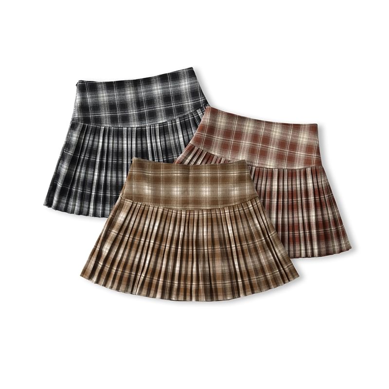 Pleated Plaid Mini Skirt - High Rise
