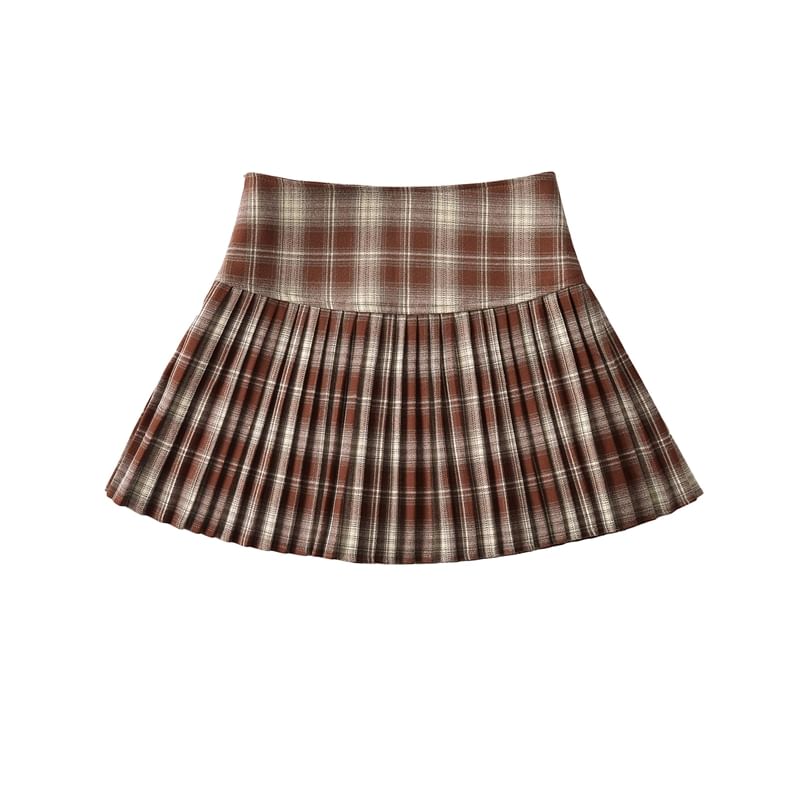 Pleated Plaid Mini Skirt - High Rise