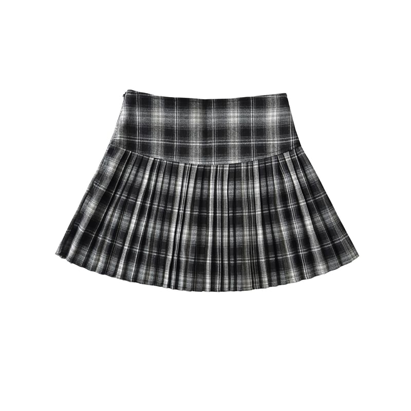 Pleated Plaid Mini Skirt - High Rise