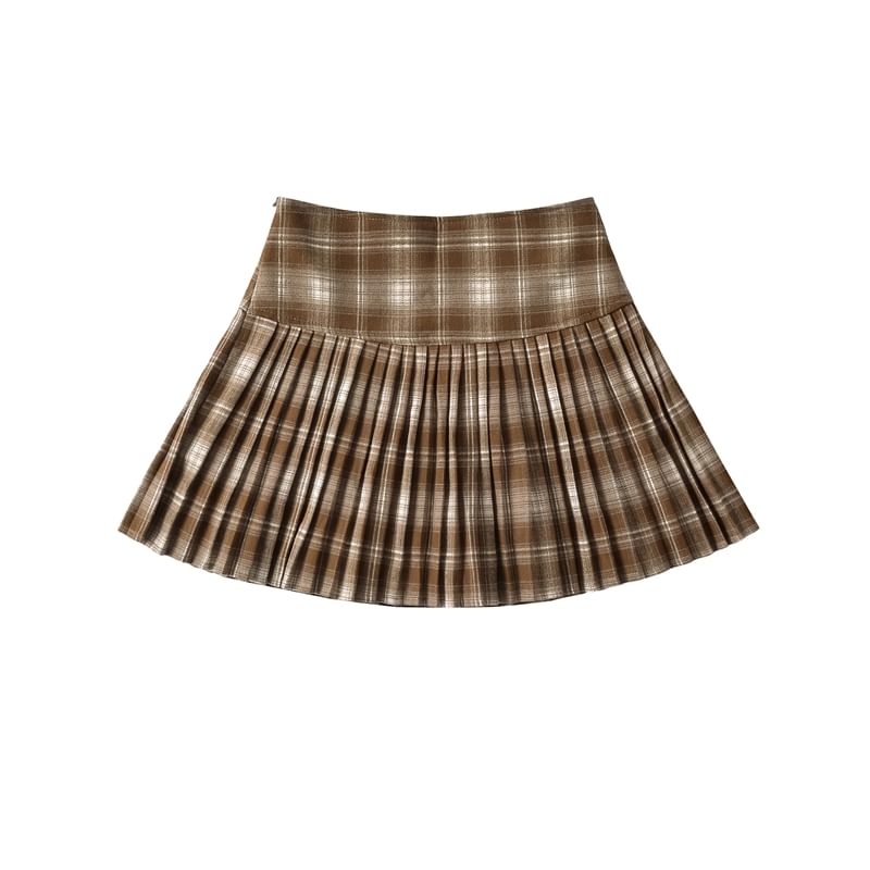 Pleated Plaid Mini Skirt - High Rise