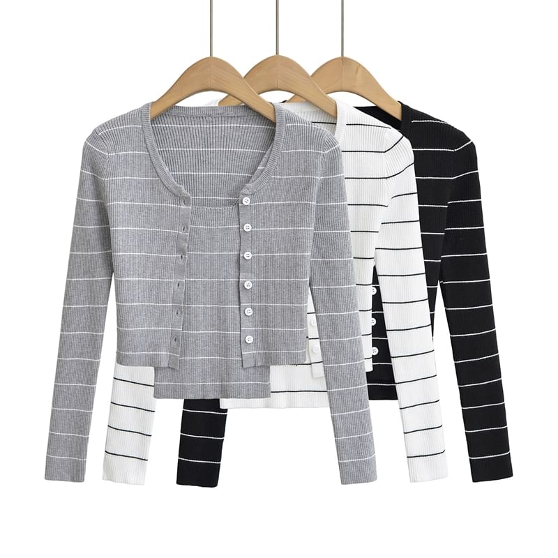 Striped Ribbed Cardigan and Camisole with Mini Skirt Set