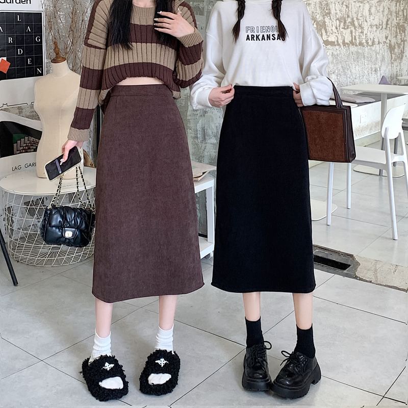 Plain Midi Straight Skirt with High Rise