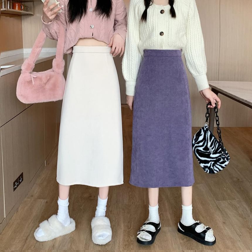 Plain Midi Straight Skirt with High Rise