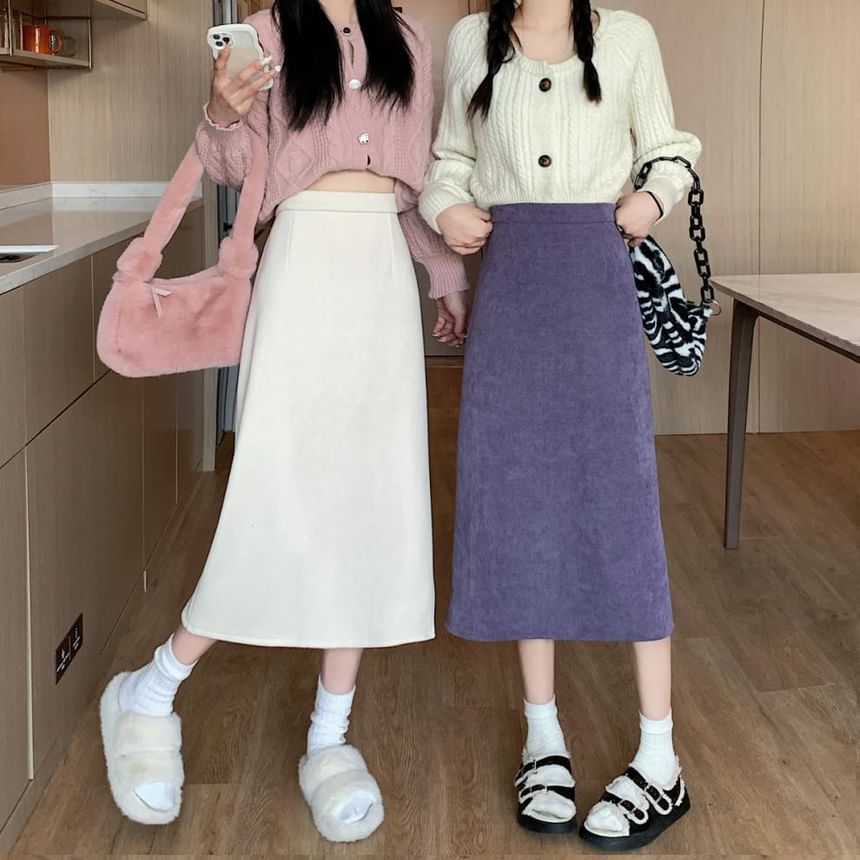 Plain Midi Straight Skirt with High Rise