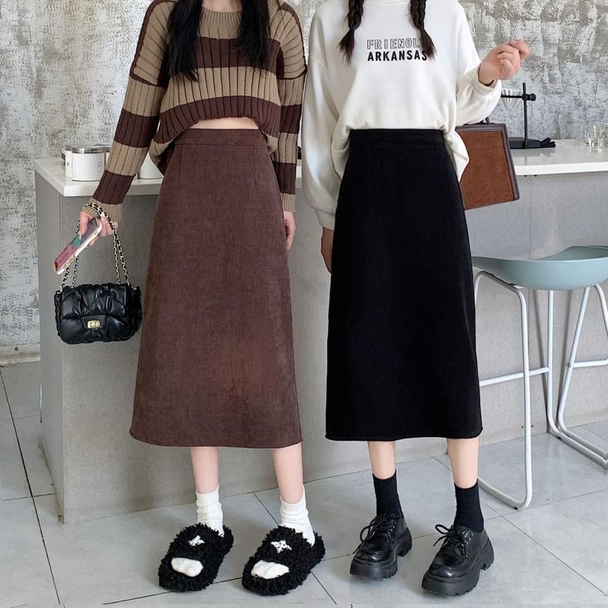 Plain Midi Straight Skirt with High Rise