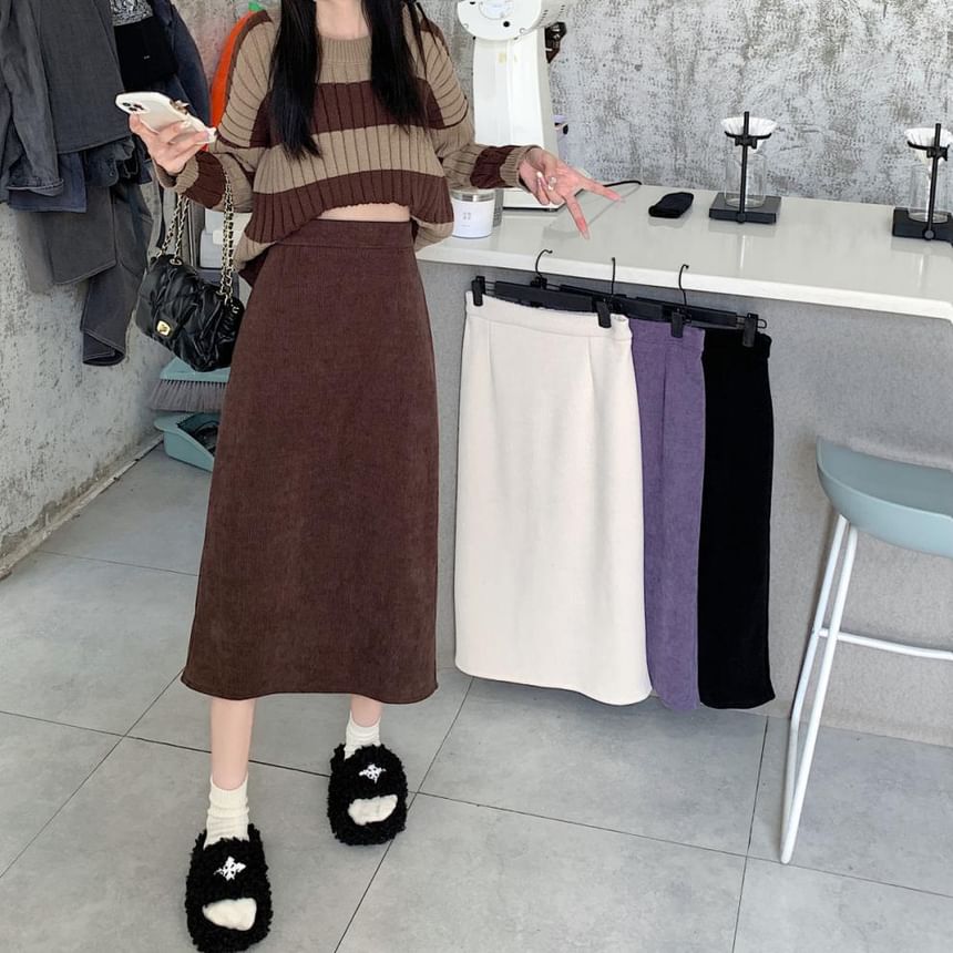 Plain Midi Straight Skirt with High Rise