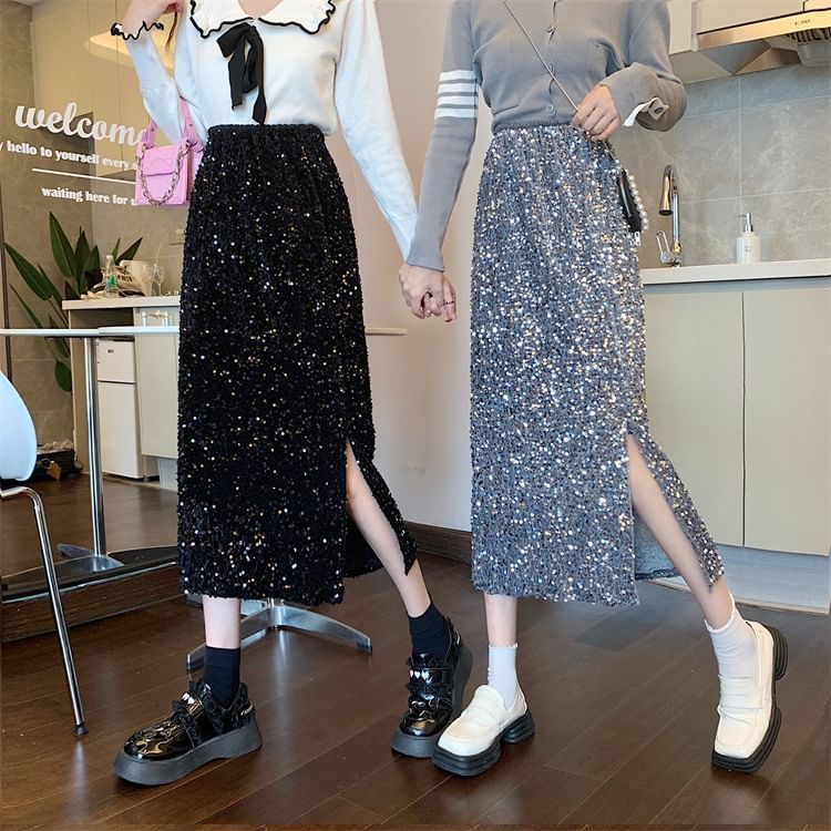 Sequin Side-Slit Midi Pencil Skirt with High Waist