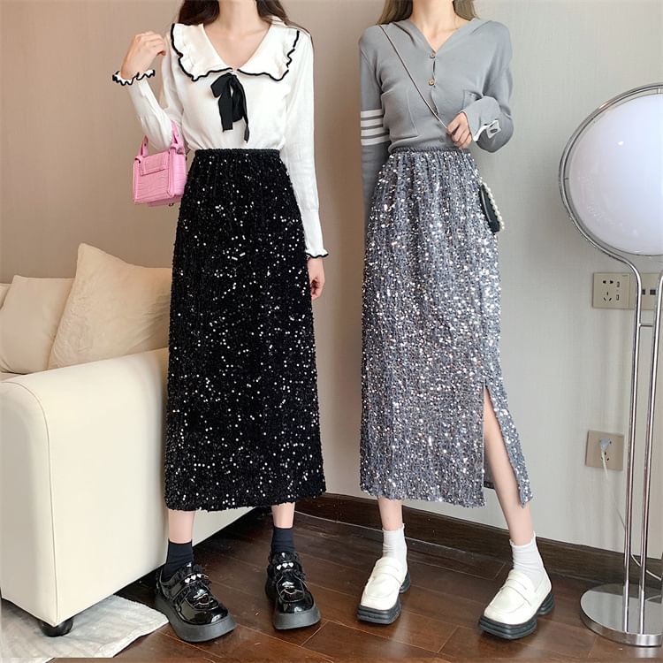 Sequin Side-Slit Midi Pencil Skirt with High Waist