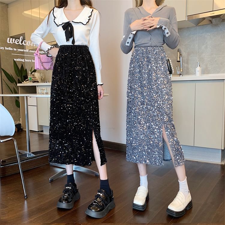 Sequin Side-Slit Midi Pencil Skirt with High Waist