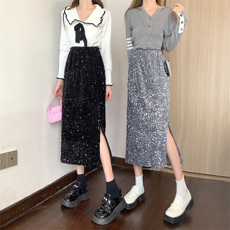 Sequin Side-Slit Midi Pencil Skirt with High Waist