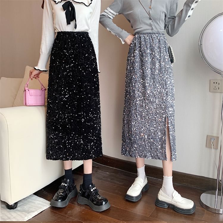 Sequin Side-Slit Midi Pencil Skirt with High Waist