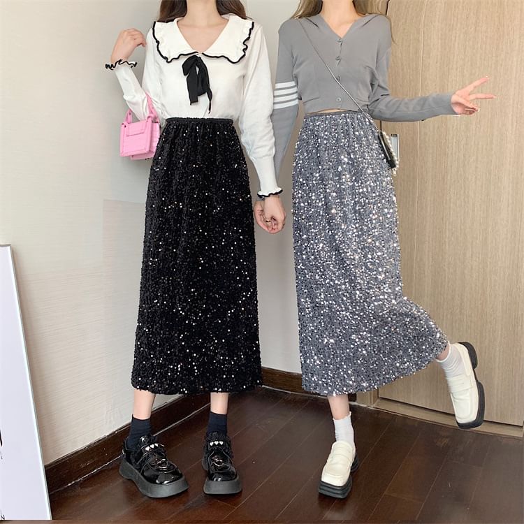 Sequin Side-Slit Midi Pencil Skirt with High Waist