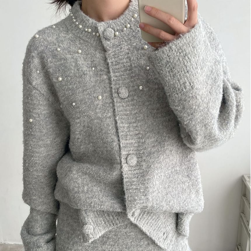 Faux Pearl Cardigan with Maxi Skirt - Drop Shoulder