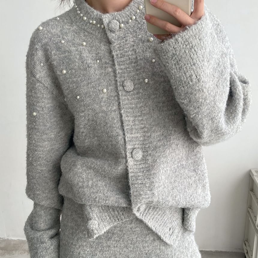 Faux Pearl Button Cardigan with Maxi Skirt - Round Neck