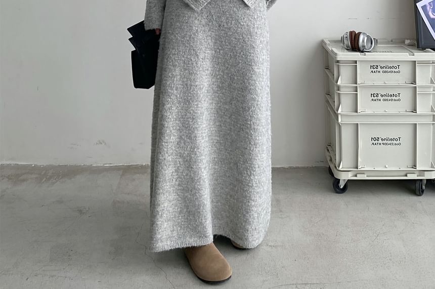 Faux Pearl Button Cardigan with Maxi Skirt - Round Neck