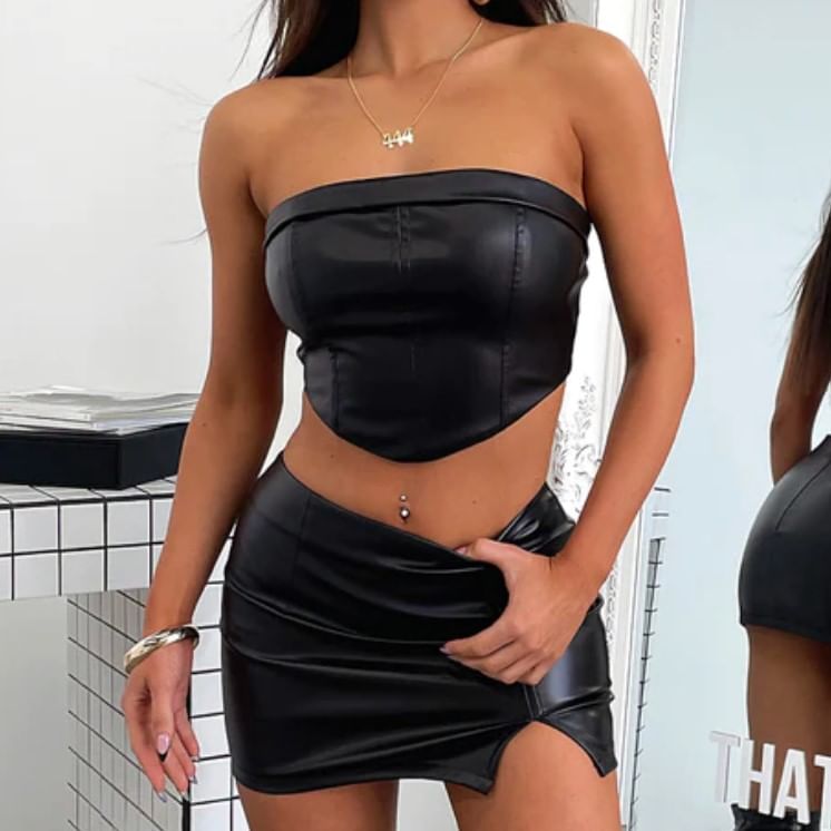 Faux Leather Crop Top and Slit Mini Skirt Set