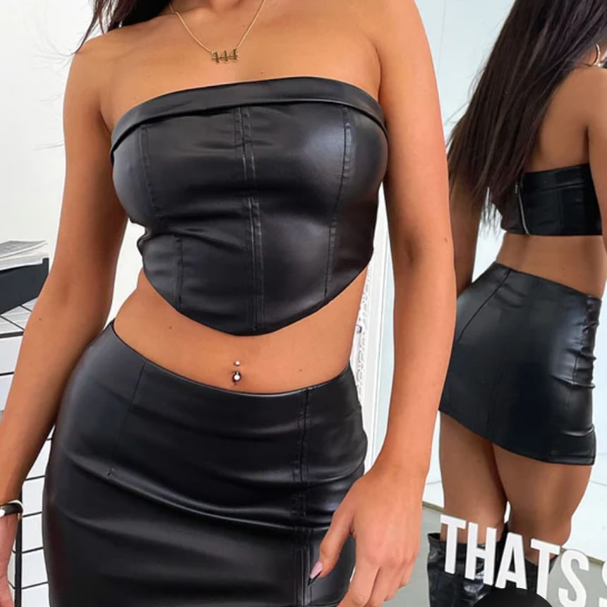 Faux Leather Crop Top and Slit Mini Skirt Set