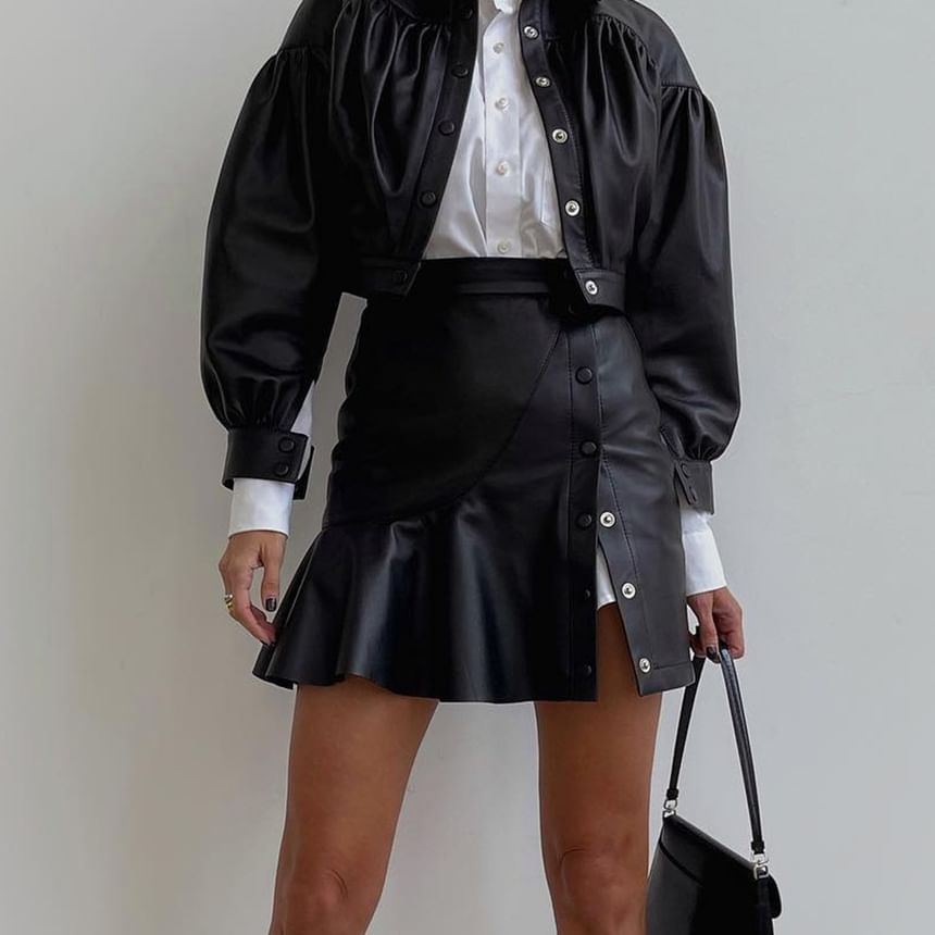 Chic Faux Leather Button Front Mini Skirt