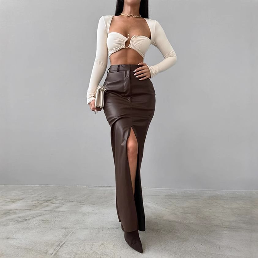 High Waist Faux Leather Maxi Pencil Skirt with Slit
