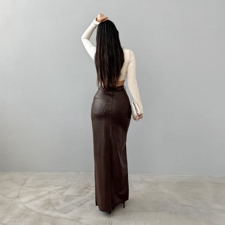 High Waist Faux Leather Maxi Pencil Skirt with Slit