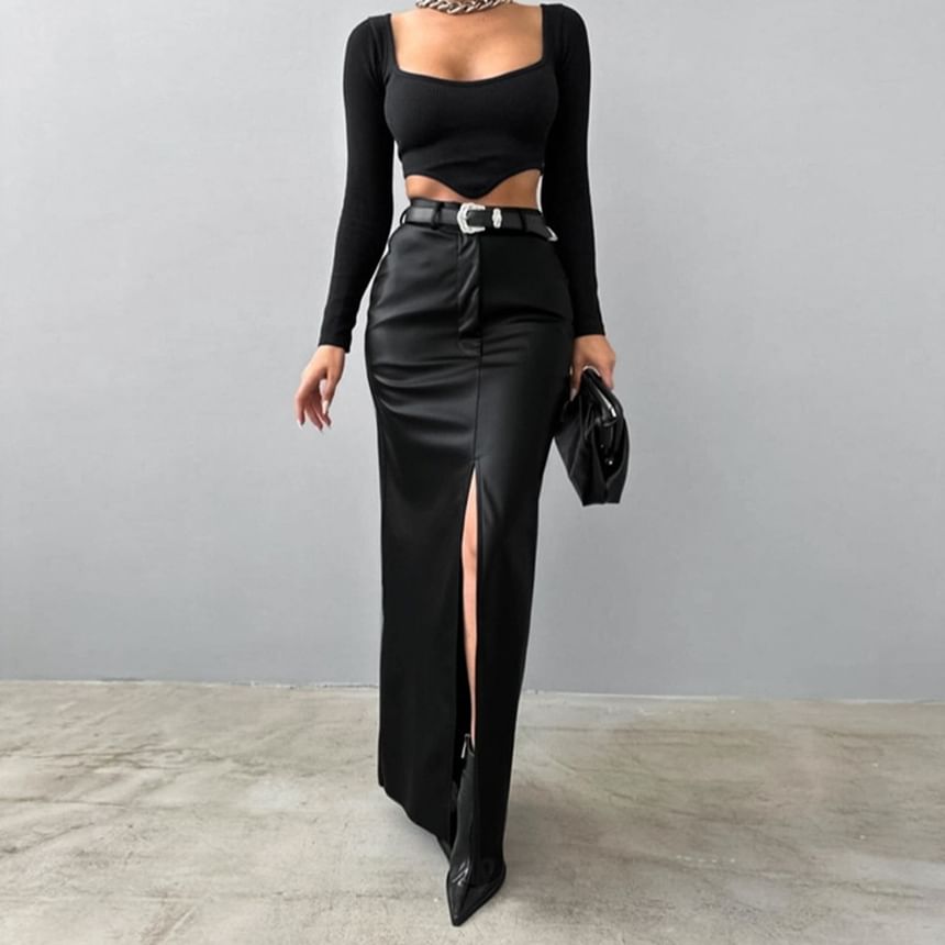High Waist Faux Leather Maxi Pencil Skirt with Slit