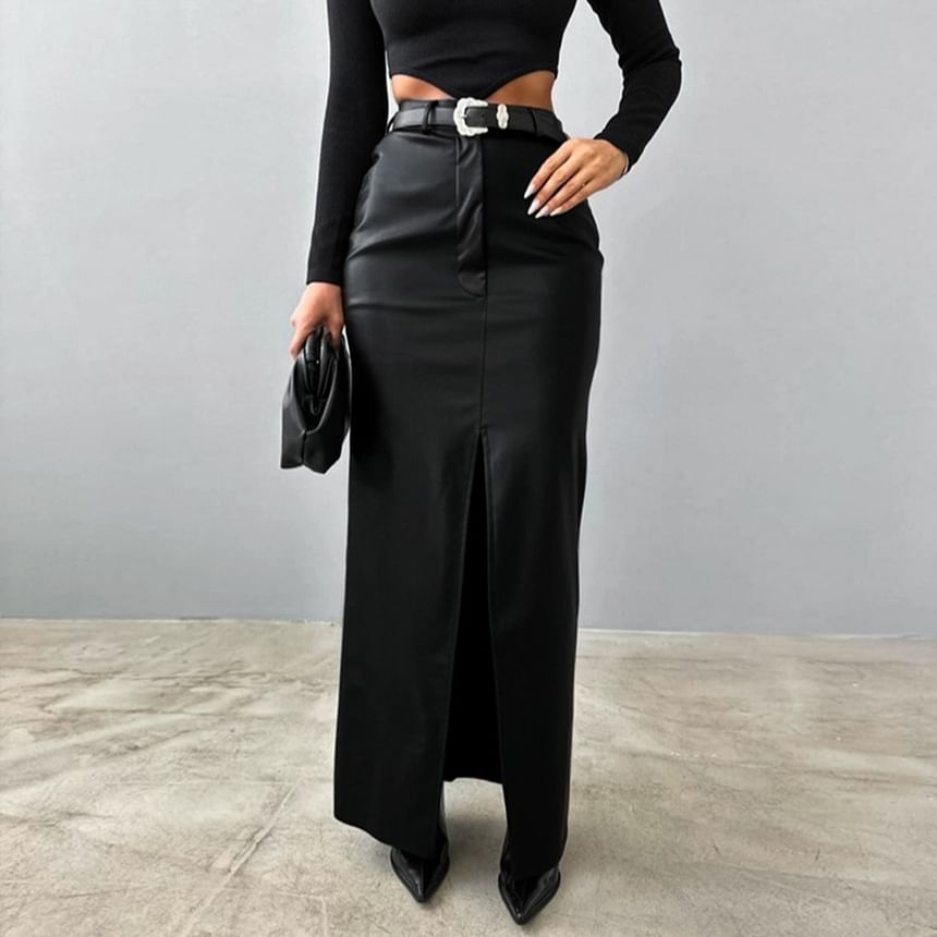 High Waist Faux Leather Maxi Pencil Skirt with Slit
