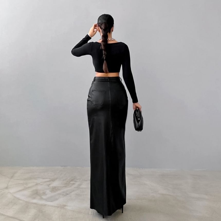 High Waist Faux Leather Maxi Pencil Skirt with Slit