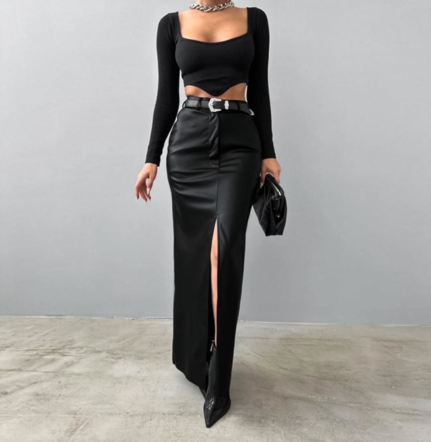 High Waist Faux Leather Maxi Pencil Skirt with Slit