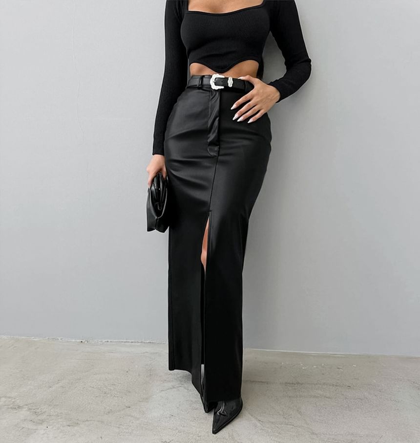 High Waist Faux Leather Maxi Pencil Skirt with Slit
