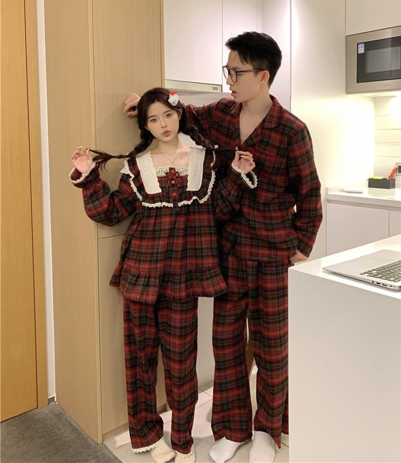 Couple Matching Long-Sleeve Plaid Lace Trim Pajama Top / Shirt / Pants / Set