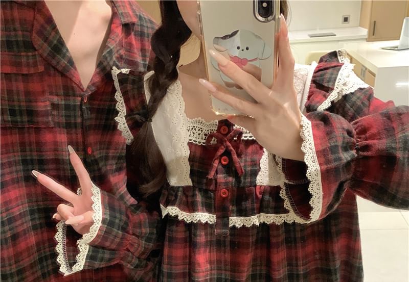 Couple Matching Long-Sleeve Plaid Lace Trim Pajama Top / Shirt / Pants / Set