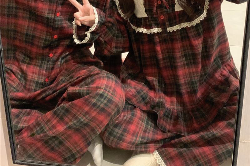 Couple Matching Long-Sleeve Plaid Lace Trim Pajama Top / Shirt / Pants / Set