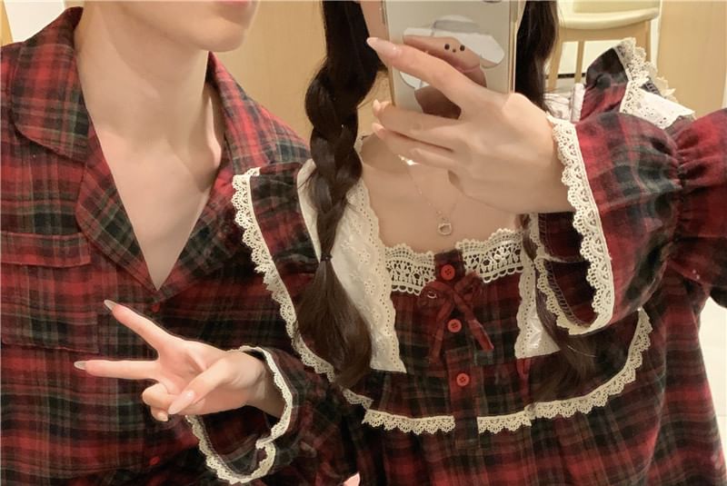 Couple Matching Long-Sleeve Plaid Lace Trim Pajama Top / Shirt / Pants / Set