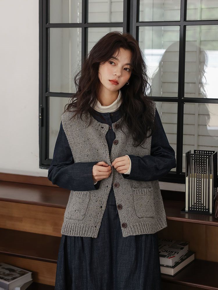 Sweater Vest and Denim Smock Dress Set