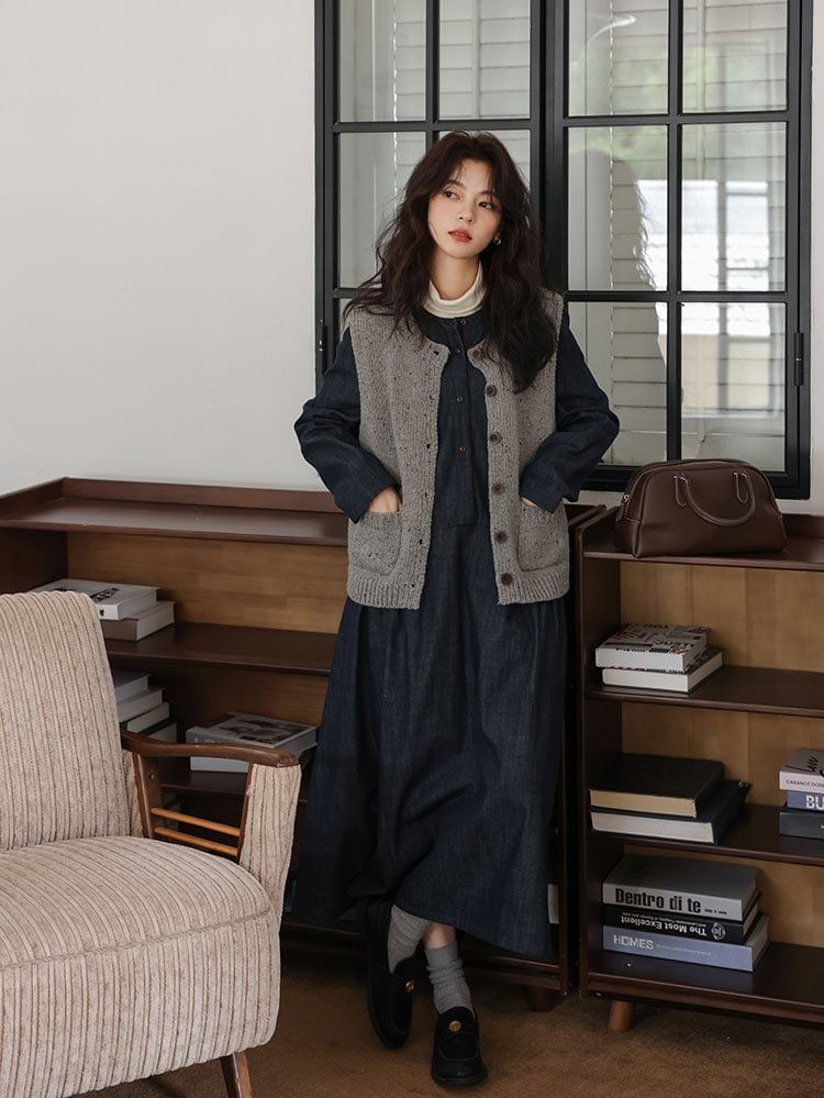 Sweater Vest and Denim Smock Dress Set